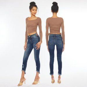 Women's Dark Blue High Rise Hem Detail Ankle Skinny Jeans